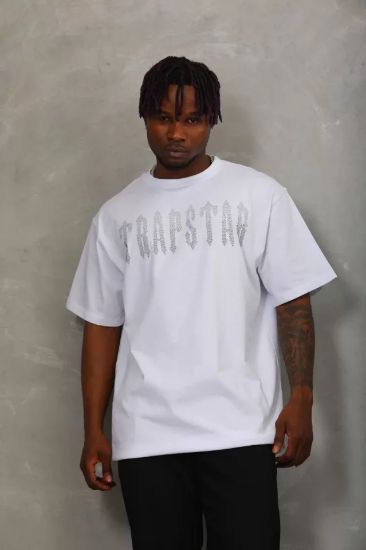 Unisex Oversize Taşlı Bisiklet Yaka T-Shirt - Beyaz resmi