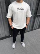 Unisex Baskılı Oversize T-Shirt - Beyaz resmi