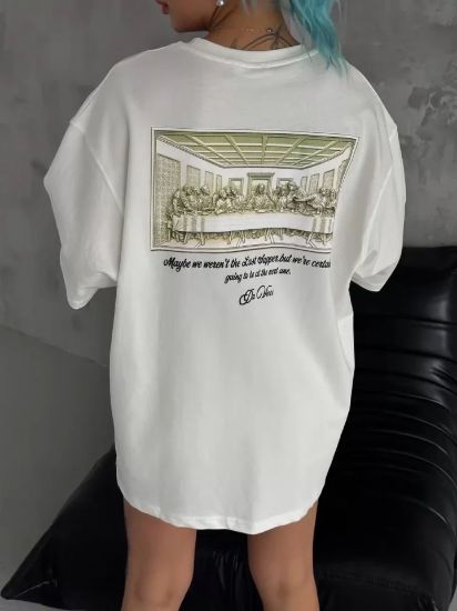 Unisex Baskılı Oversize T-Shirt - Beyaz resmi