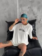 Unisex Baskılı Oversize T-Shirt - Beyaz resmi