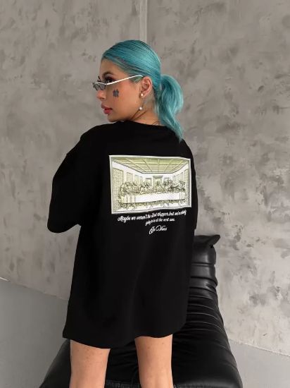 Unisex Baskılı Oversize T-Shirt - Siyah resmi