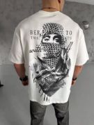 Unisex Baskılı Oversize T-Shirt - Beyaz resmi