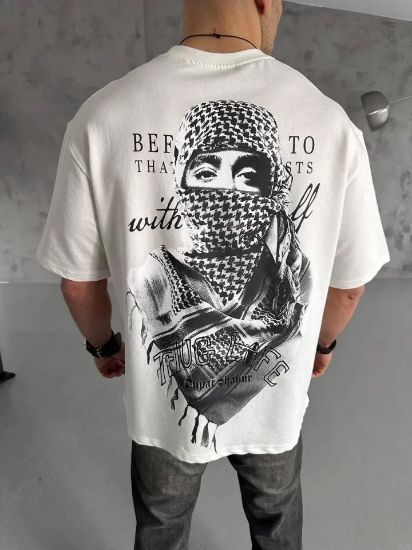 Unisex Baskılı Oversize T-Shirt - Beyaz resmi