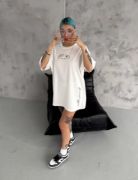 Unisex Baskılı Oversize T-Shirt - Beyaz resmi