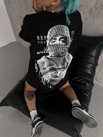 Unisex Baskılı Oversize T-Shirt - Siyah resmi