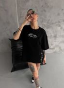 Unisex Baskılı Oversize T-Shirt - Siyah resmi