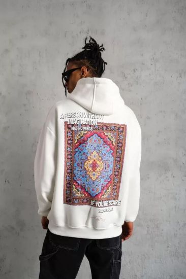 Erkek Kilim Desen Kapüşonlu Sweat- Beyaz resmi