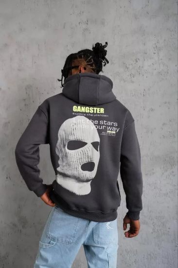 Erkek Kordonlu Maske Baskılı Kapşonlu Sweat - Gri resmi