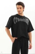 Unisex Oversize Taşlı T-Shirt - Siyah resmi