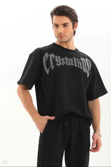 Unisex Oversize Taşlı T-Shirt - Siyah resmi