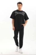 Unisex Oversize Taşlı T-Shirt - Siyah resmi