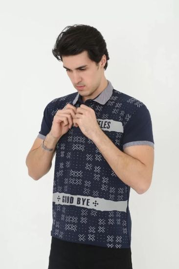Erkek Yakalı Slim Fit Baskılı T-Shirt - Lacivert resmi