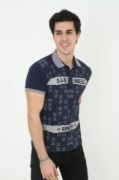 Erkek Yakalı Slim Fit Baskılı T-Shirt - Lacivert resmi