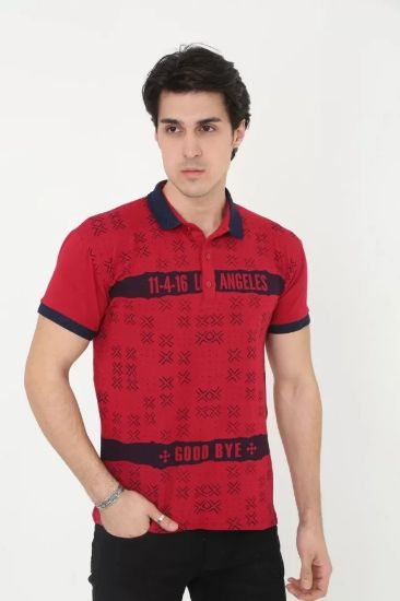 Erkek Yakalı Slim Fit Baskılı T-Shirt - Kırmızı resmi