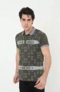 Erkek Yakalı Slim Fit Baskılı T-Shirt - Haki resmi