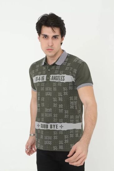 Erkek Yakalı Slim Fit Baskılı T-Shirt - Haki resmi