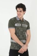 Erkek Yakalı Slim Fit Baskılı T-Shirt - Haki resmi