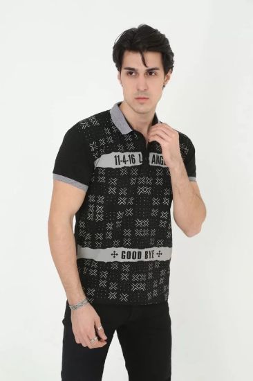 Erkek Yakalı Slim Fit Baskılı T-Shirt - Siyah resmi