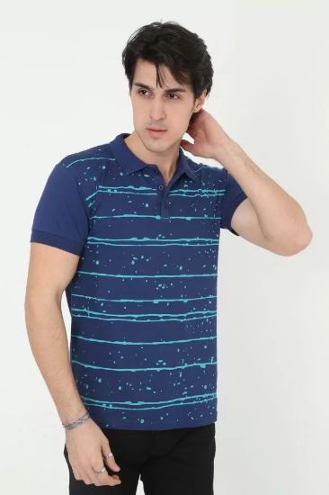 Erkek Yakalı Slim Fit Pike Çizgili T-Shirt - Mavi resmi