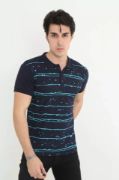 Erkek Yakalı Slim Fit Pike Çizgili T-Shirt - Lacivert resmi