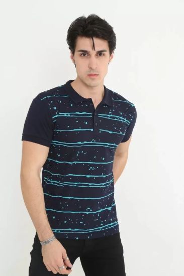 Erkek Yakalı Slim Fit Pike Çizgili T-Shirt - Lacivert resmi
