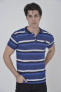 Erkek Yakalı Slim Fit Dokuma Çizgili T-Shirt - Mavi resmi