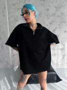 Unisex Yarım Fermuarlı Basic T-Shirt - Siyah resmi