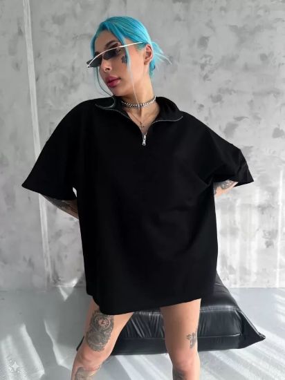 Unisex Yarım Fermuarlı Basic T-Shirt - Siyah resmi