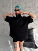 Unisex Yarım Fermuarlı Basic T-Shirt - Siyah resmi