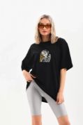 Unisex Baskılı Oversize T-Shirt - Siyah resmi