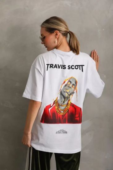 Unisex Baskılı Oversize T-Shirt - Beyaz resmi