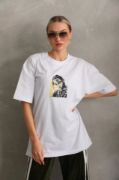 Unisex Baskılı Oversize T-Shirt - Beyaz resmi