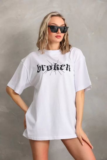 Unisex Baskılı Oversize T-Shirt - Beyaz resmi