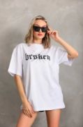 Unisex Baskılı Oversize T-Shirt - Beyaz resmi