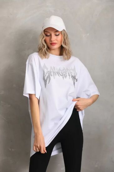 Unisex Taş Desenli Oversize T-Shirt - Beyaz resmi