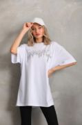 Unisex Taş Desenli Oversize T-Shirt - Beyaz resmi