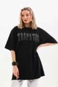 Unisex Taş Desenli Oversize T-Shirt - Siyah resmi
