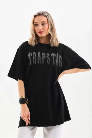 Unisex Taş Desenli Oversize T-Shirt - Siyah resmi
