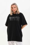 Unisex Taş Desenli Oversize T-Shirt - Siyah resmi