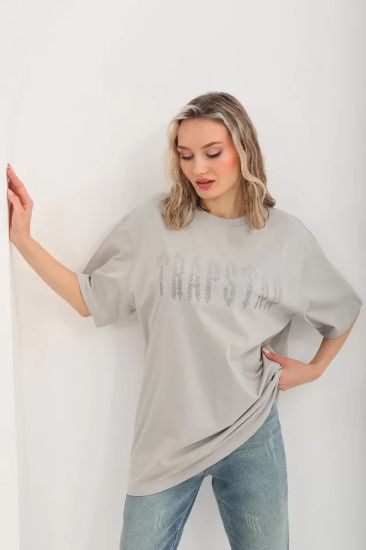 Unisex Taş Desenli Oversize T-Shirt - Gri resmi