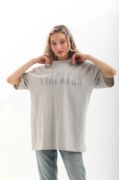 Unisex Taş Desenli Oversize T-Shirt - Gri resmi