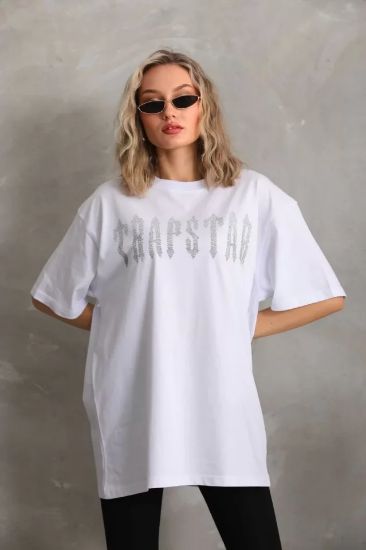 Unisex Taş Desenli Oversize T-Shirt - Beyaz resmi