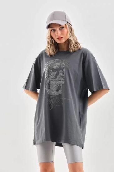 Unisex Taş Desenli Oversize T-Shirt - Füme resmi