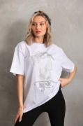 Unisex Taş Desenli Oversize T-Shirt - Beyaz resmi
