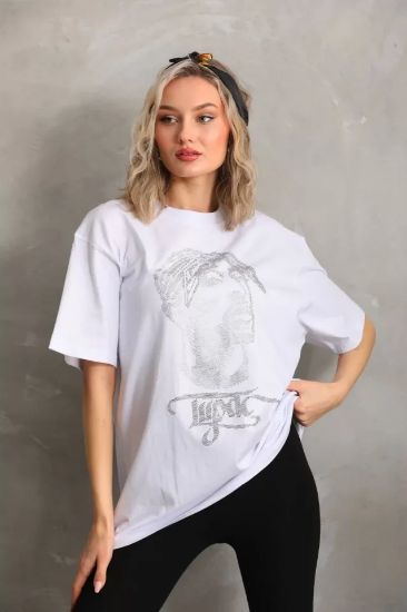 Unisex Taş Desenli Oversize T-Shirt - Beyaz resmi