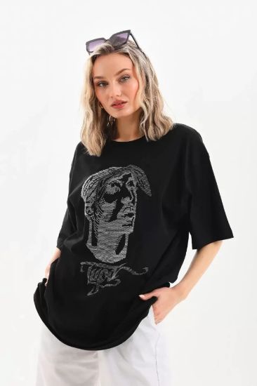 Unisex Taş Desenli Oversize T-Shirt - Siyah resmi