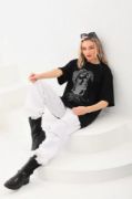 Unisex Taş Desenli Oversize T-Shirt - Siyah resmi