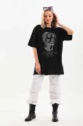 Unisex Taş Desenli Oversize T-Shirt - Siyah resmi