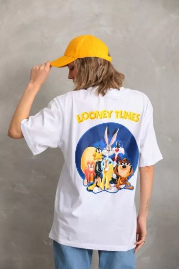Unisex Baskılı Oversize T-Shirt - Beyaz resmi