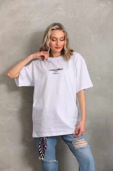 Unisex Baskılı Oversize T-Shirt - Beyaz resmi